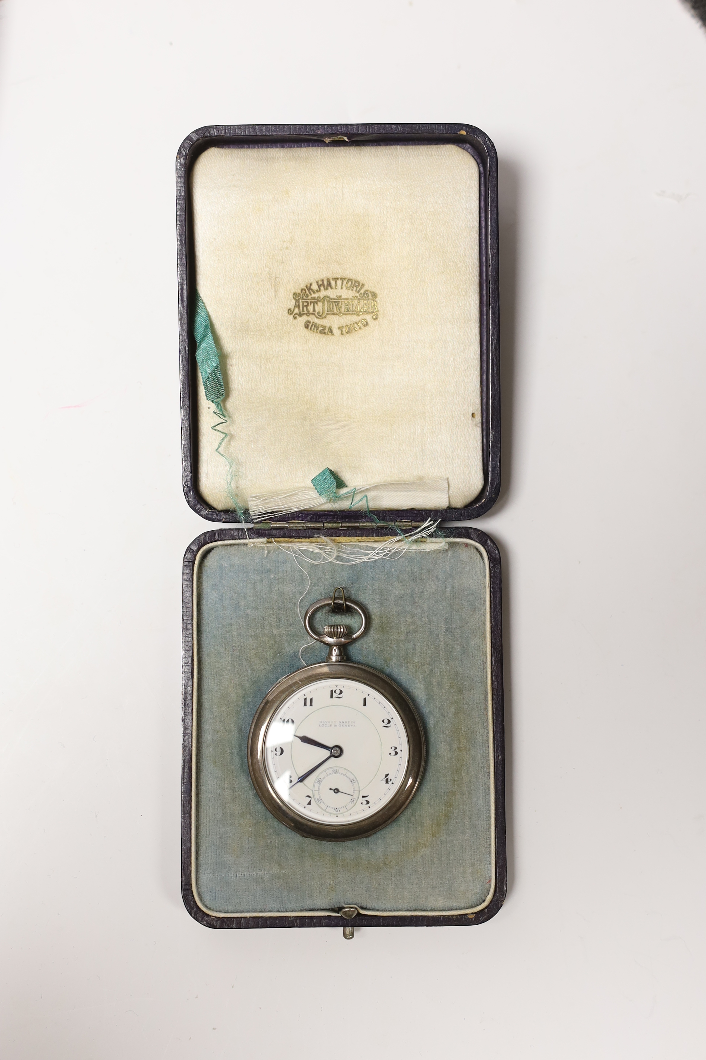 A Swiss 900 standard white metal cased Ulysse Nardin keyless open face dress pocket watch, with Arabic dial and subsidiary seconds, cased diameter 45mm.